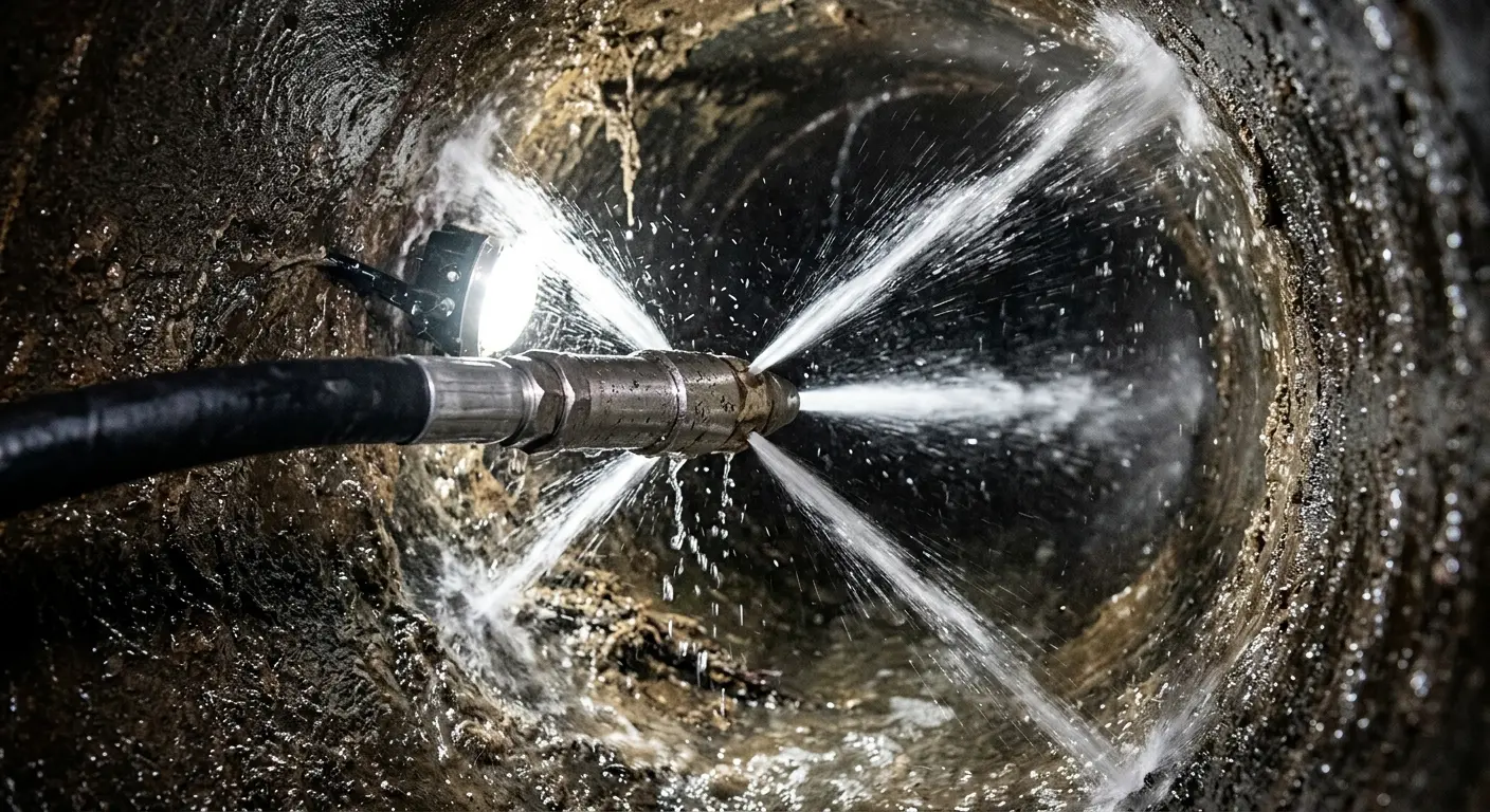 High-pressure hydro jetting nozzle cleaning sewer pipe for Trenchless Sewer Repair in Evesham