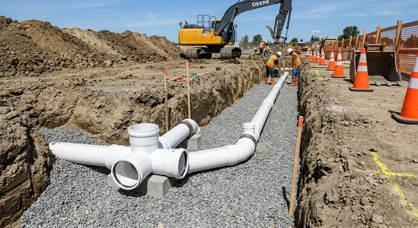 New PVC sewer pipe installation in open trench for Sewer Backup in Evesham