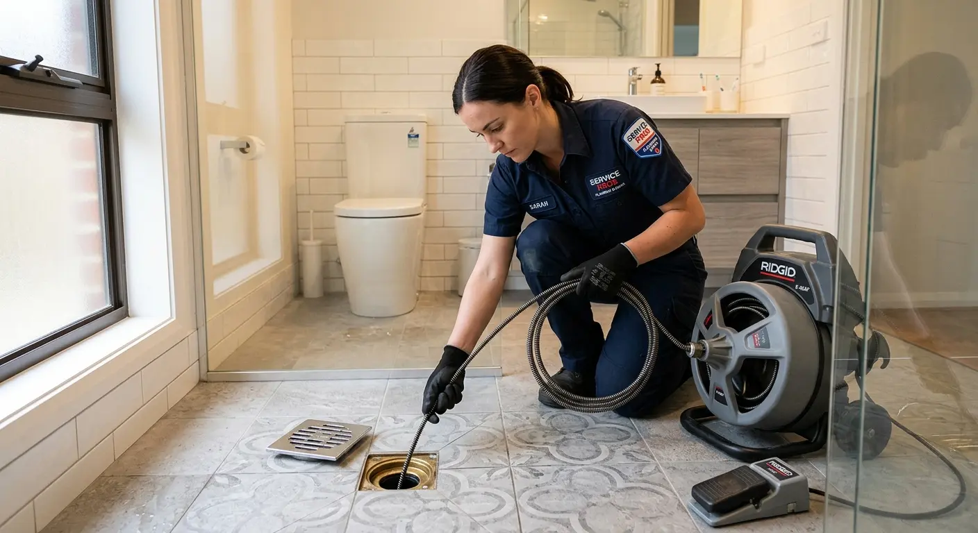 Technician clearing a bathroom floor drain for Sewer Line Replacement in Evesham